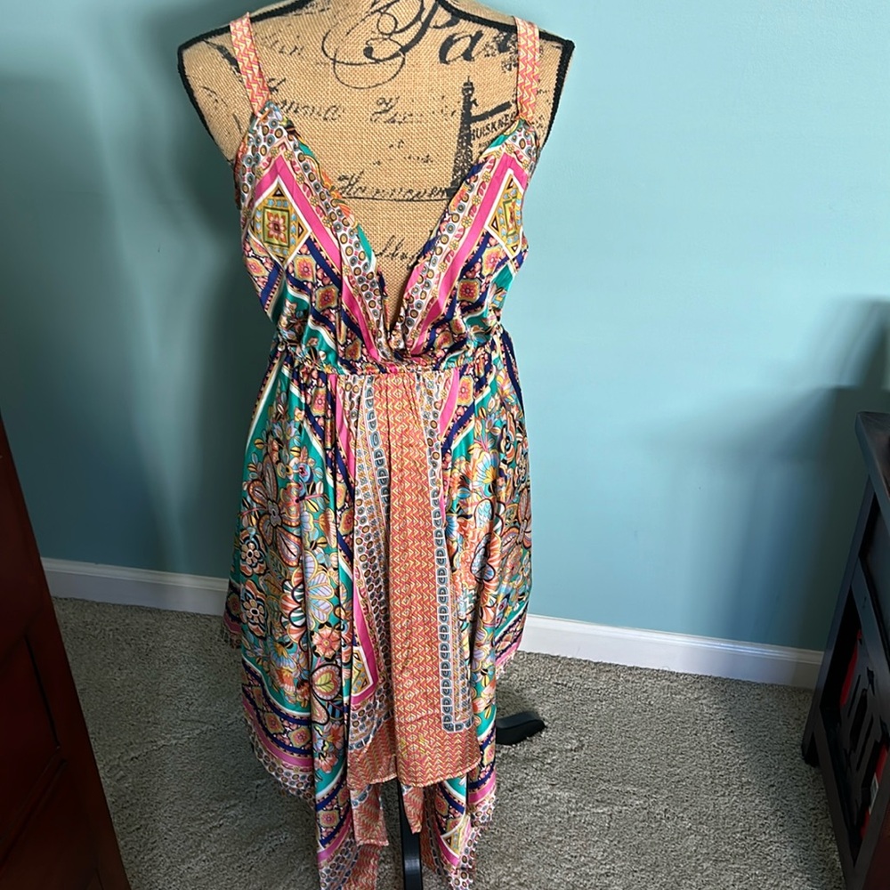 Boho Floral Print Satin Asymmetrical Hem Dress